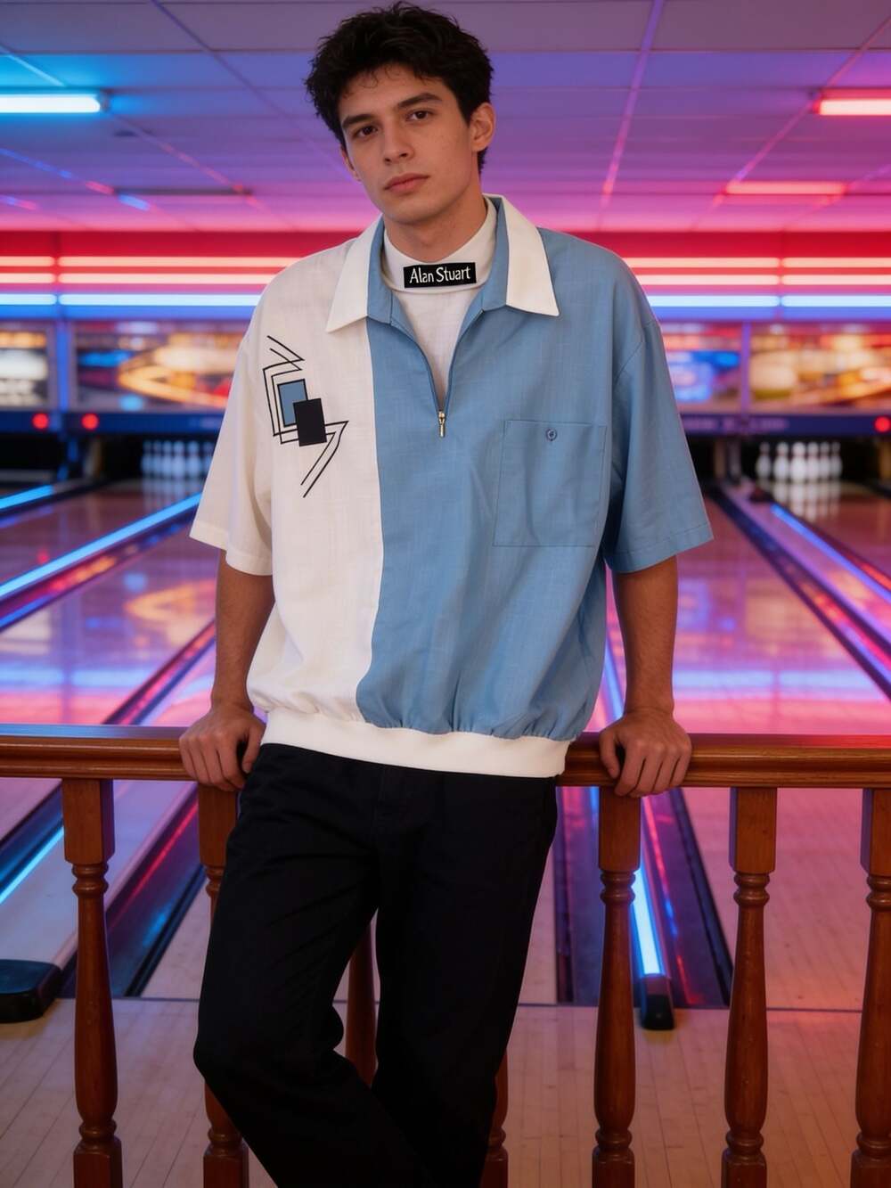 Vintage Alan Stuart Men's Color Block Blue Zip Collar Bowling Polo Shirt 2X
